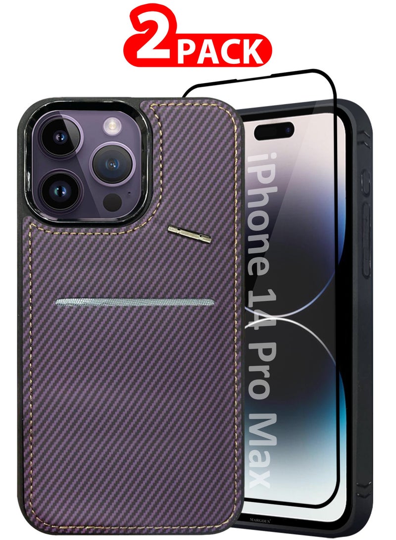 MARGOUN iPhone 14 Pro Max Case Leather Cover Card Holder and Kickstand with 1 Screen Protector Tempered Glass for Men Women Phone Case with Carbon Fiber Pattern - Pack of 2 - Purple-2  - Image 1