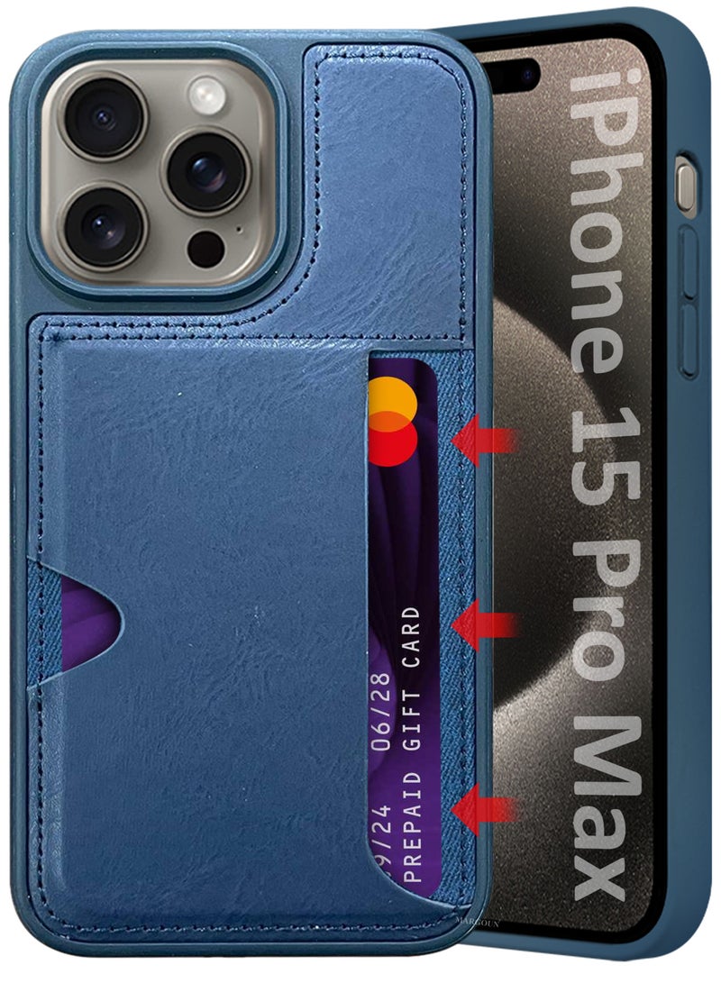 MARGOUN iPhone 15 Pro Max Case Leather Antifingerprint Cover with Wallet Card Slot Shell, Side Insert Card Holder, Anti Fall Protection - Blue Black-1  - Image 1