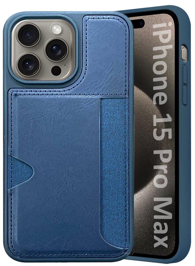 MARGOUN iPhone 15 Pro Max Case Leather Antifingerprint Cover with Wallet Card Slot Shell, Side Insert Card Holder, Anti Fall Protection - Blue Black-1  - Image 4