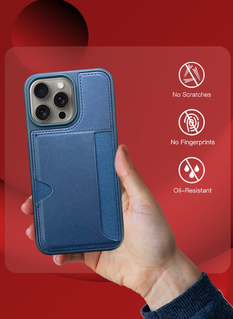 MARGOUN iPhone 15 Pro Max Case Leather Antifingerprint Cover with Wallet Card Slot Shell, Side Insert Card Holder, Anti Fall Protection - Blue Black-1  - Image 3