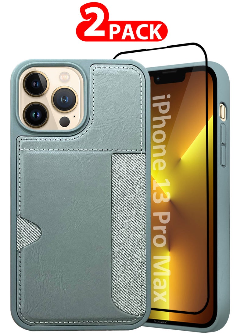 MARGOUN iPhone 13 Pro Max Case Leather Anti Fingerprint Cover with Wallet Card Slot Shell, Side Insert Card Holder, Anti Fall Protection - Pack of 2 - Grey-2  - Image 1