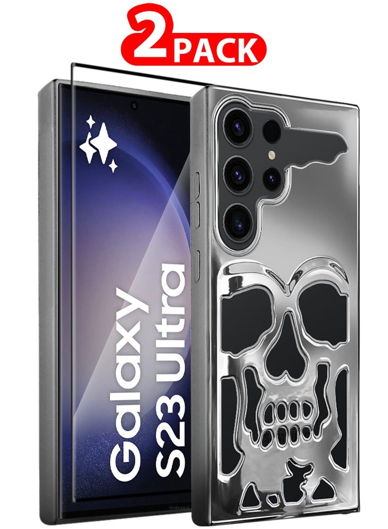 مارجون Galaxy S23 Ultra Case Cover Soft TPU and Glossy Skull Design with 3D Shockproof Screen Protector - Pack of 2 - Silver-2ss - Image 1