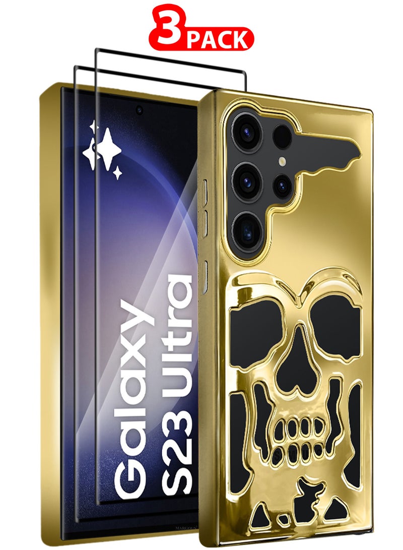 MARGOUN Galaxy S23 Ultra Case Cover Soft TPU and Glossy Skull Design with Two 3D Shockproof Screen Protector - Pack of 3 - Gold-3ss - Image 1