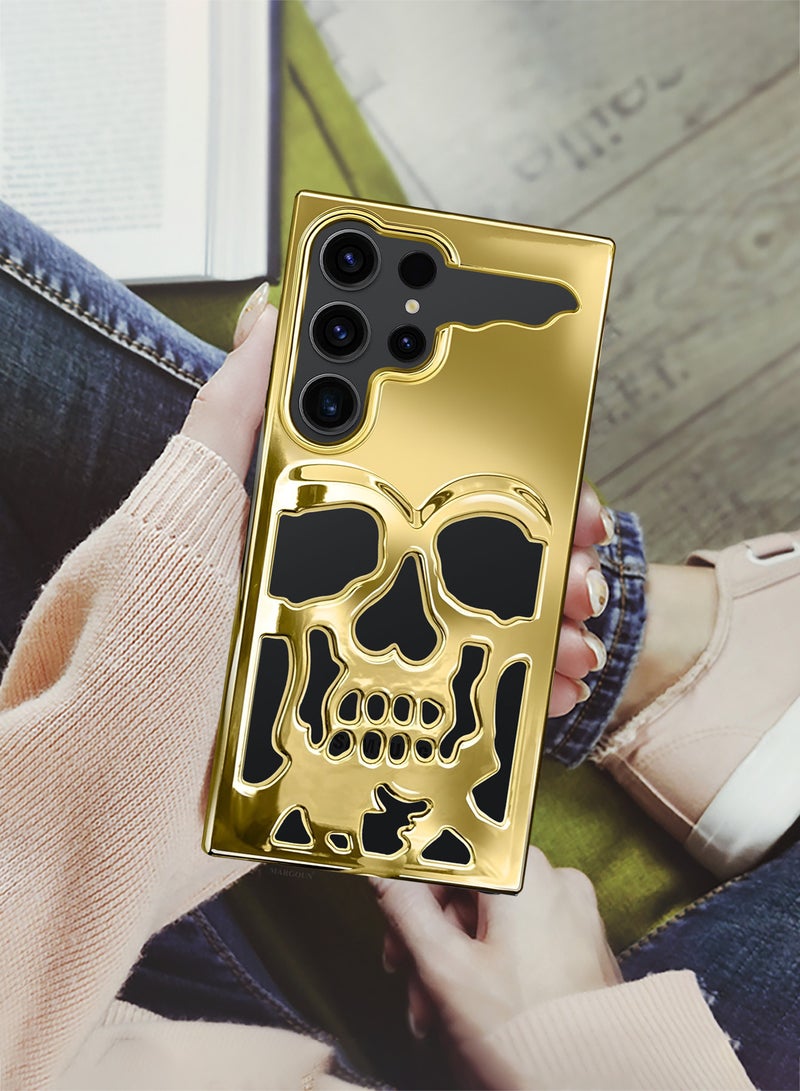 MARGOUN Galaxy S23 Ultra Case Cover Soft TPU and Glossy Skull Design with Two 3D Shockproof Screen Protector - Pack of 3 - Gold-3ss - Image 5