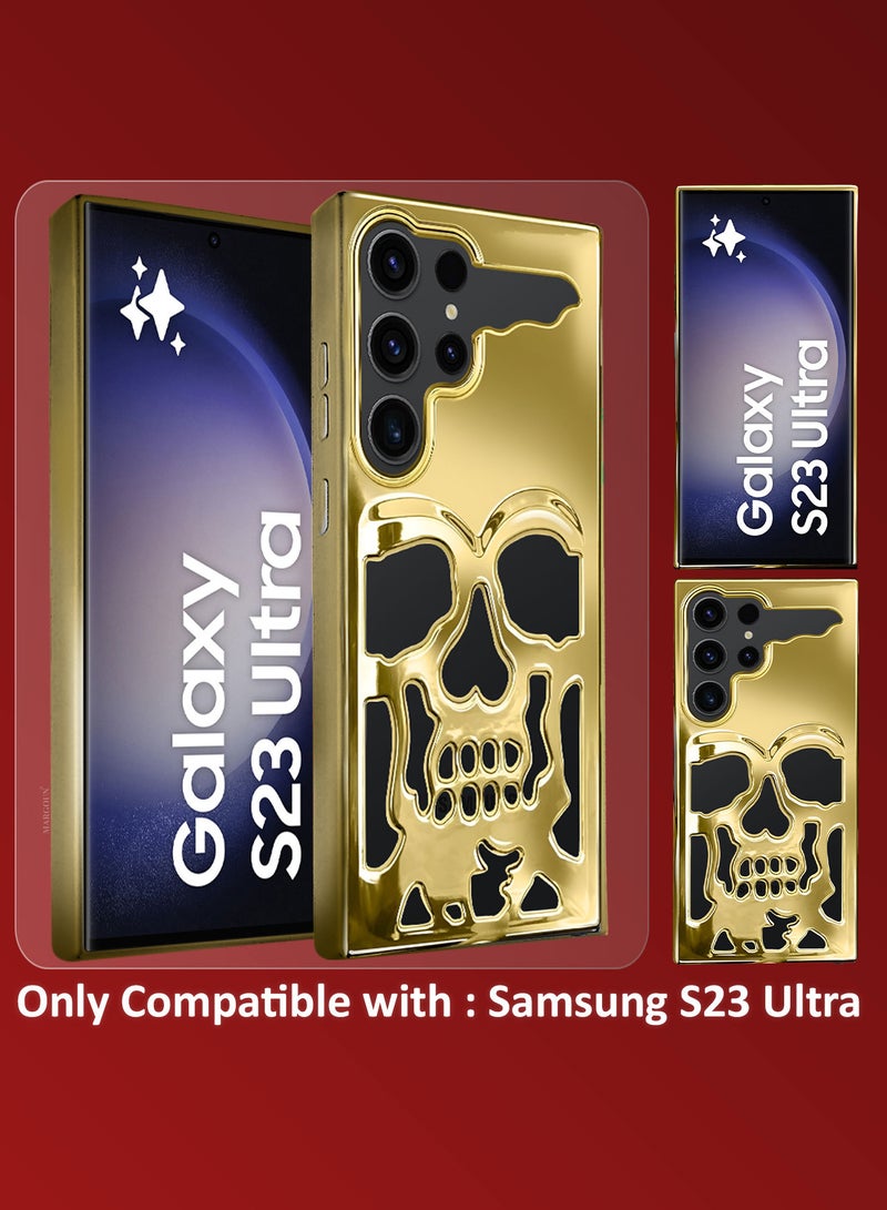MARGOUN Galaxy S23 Ultra Case Cover Soft TPU and Glossy Skull Design with Two 3D Shockproof Screen Protector - Pack of 3 - Gold-3ss - Image 2