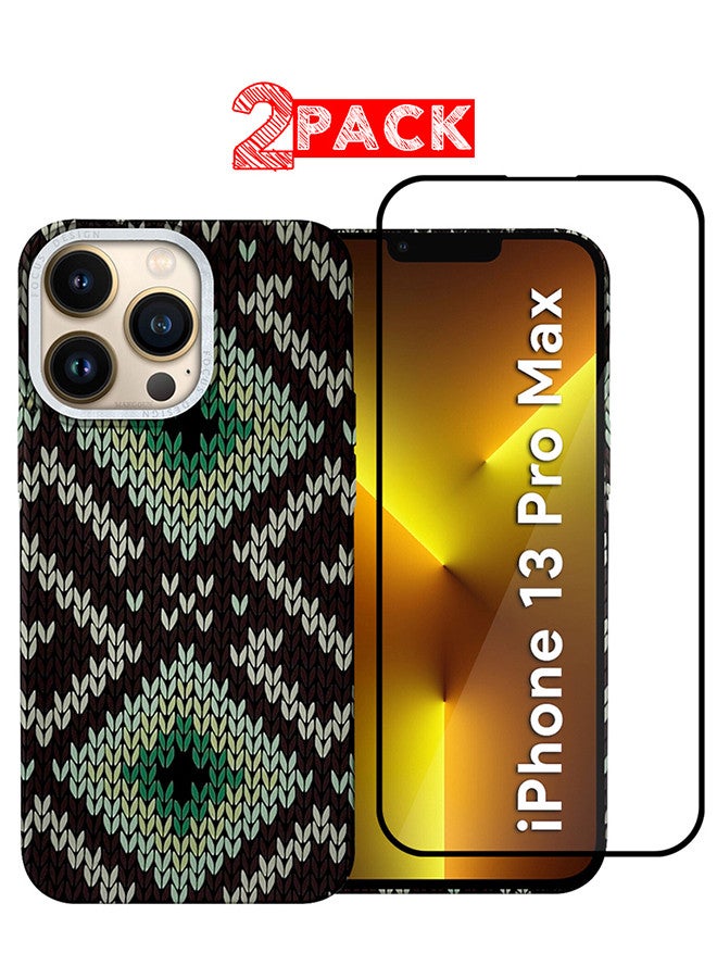 MARGOUN iPhone 13 Pro Max MagEZ Case Cover Fusion Weaving Pattern Kevlar Fiber Bulletproof Vest Cover Protective Ultra Slim Magnetic, Screen and Camera Guard - Pack of 2 - Black Green-2k  - Image 1