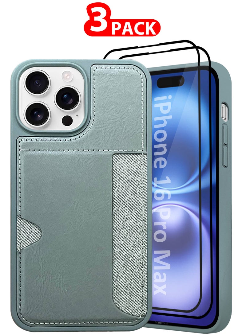 iPhone 16 Pro Max Case Leather Anti Fingerprint Cover with Wallet Card Slot Shell, Side Insert Card Holder, Anti Fall Protection - Pack of 3 - Grey-3