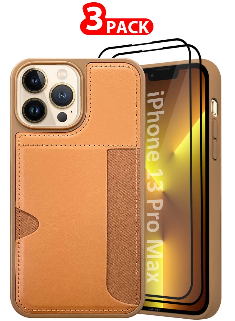 MARGOUN iPhone 13 Pro Max Case Leather Anti Fingerprint Cover with Wallet Card Slot Shell, Side Insert Card Holder, Anti Fall Protection - Pack of 3 - Brown-3  - Image 1