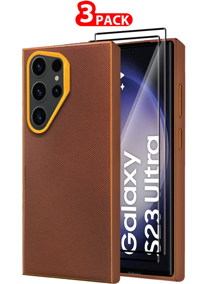 MARGOUN Samsung Galaxy S23 Ultra Vegan Leather Case, 1 Cover with 2 Screen Protectors, Slim Fit, Raised Edges for Camera and Screen Protection - Pack of 3 - Brown-3 - Image 1