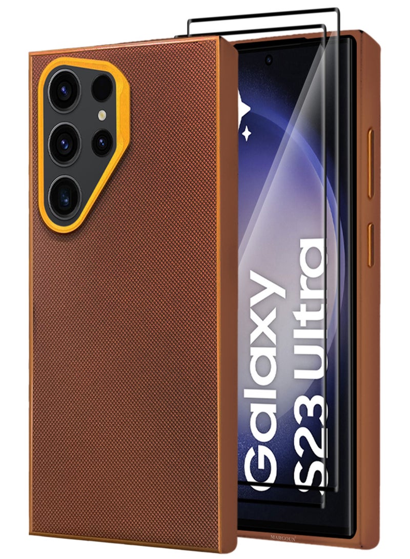 MARGOUN Samsung Galaxy S23 Ultra Vegan Leather Case, 1 Cover with 2 Screen Protectors, Slim Fit, Raised Edges for Camera and Screen Protection - Pack of 3 - Brown-3 - Image 2