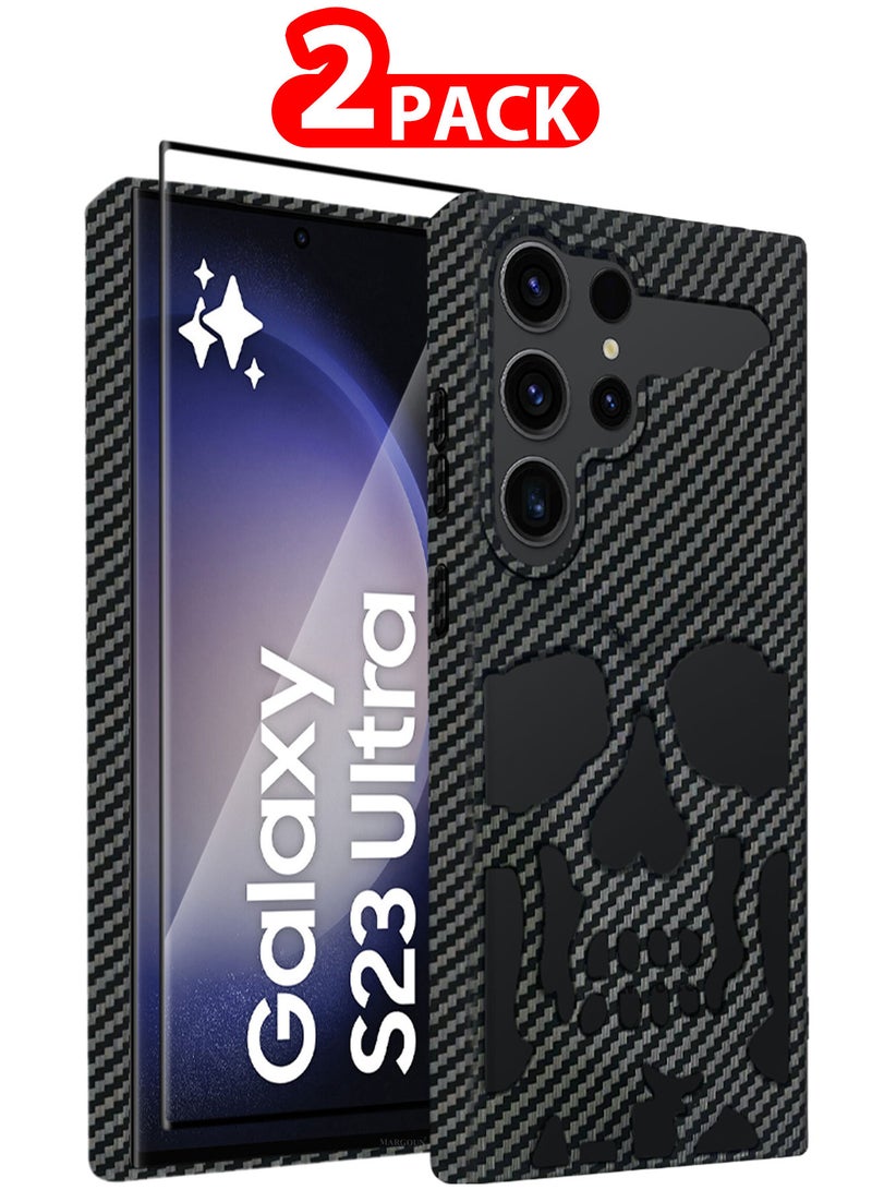 MARGOUN - Galaxy S23 Ultra Case Cover Soft TPU and Glossy Skull Design with 3D Shockproof Screen Protector - Pack of 2 - Carbon Fiber-2ss - Image 1