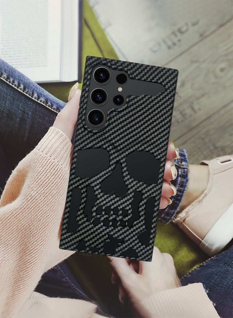 MARGOUN - Galaxy S23 Ultra Case Cover Soft TPU and Glossy Skull Design with 3D Shockproof Screen Protector - Pack of 2 - Carbon Fiber-2ss - Image 1