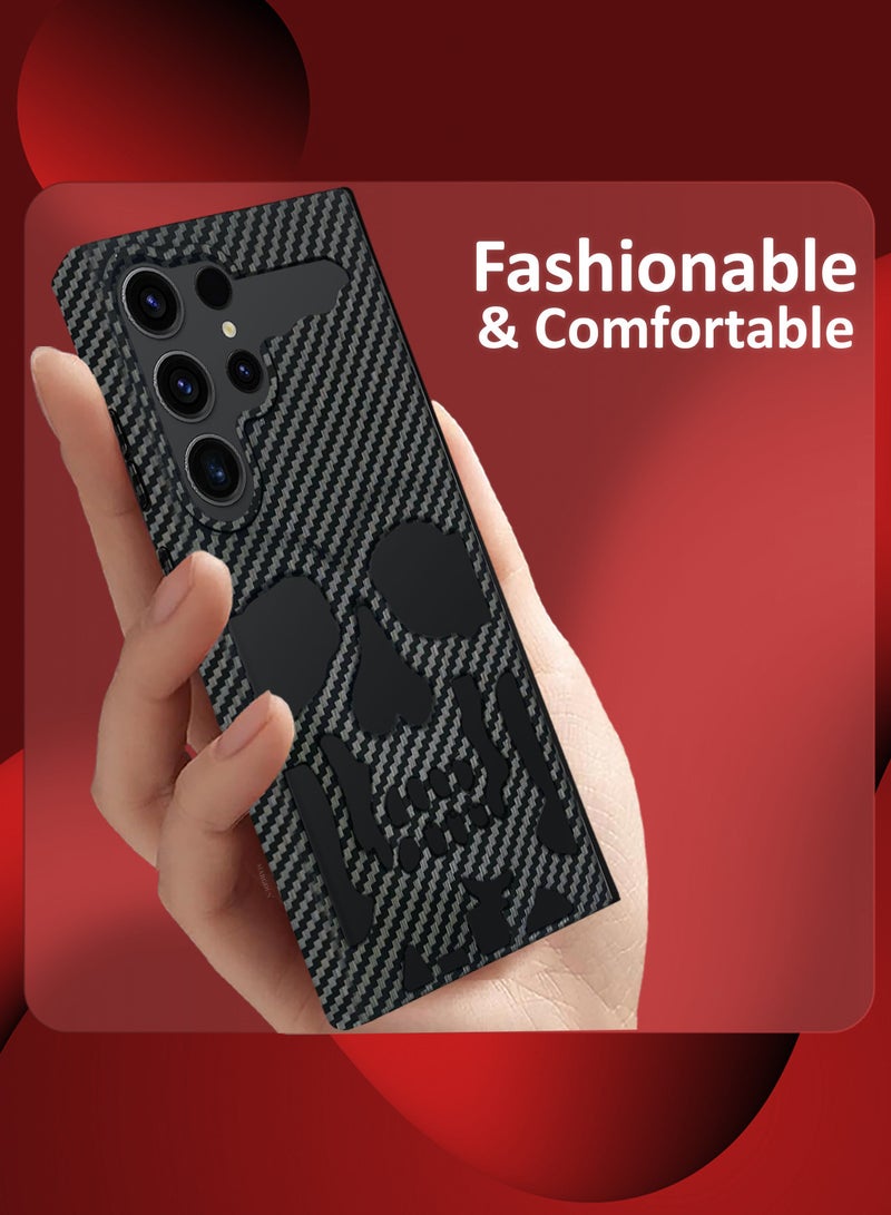 MARGOUN - Galaxy S23 Ultra Case Cover Soft TPU and Glossy Skull Design with 3D Shockproof Screen Protector - Pack of 2 - Carbon Fiber-2ss - Image 1