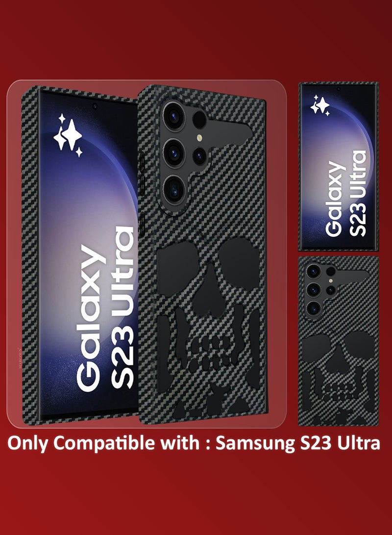 MARGOUN - Galaxy S23 Ultra Case Cover Soft TPU and Glossy Skull Design with 3D Shockproof Screen Protector - Pack of 2 - Carbon Fiber-2ss - Image 1