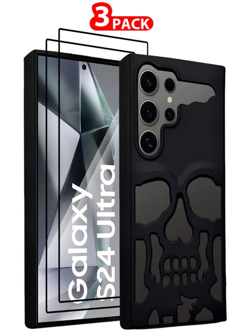 Galaxy S24 Ultra Case Cover Soft TPU and Glossy Skull Design with Two 3D Shockproof Screen Protector - Pack of 3 - Black-3ss