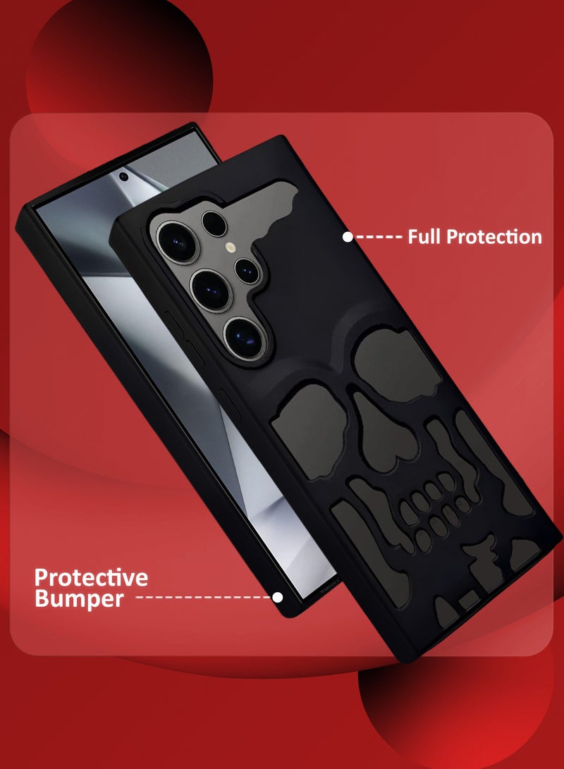 Galaxy S24 Ultra Case Cover Soft TPU and Glossy Skull Design with Two 3D Shockproof Screen Protector - Pack of 3 - Black-3ss