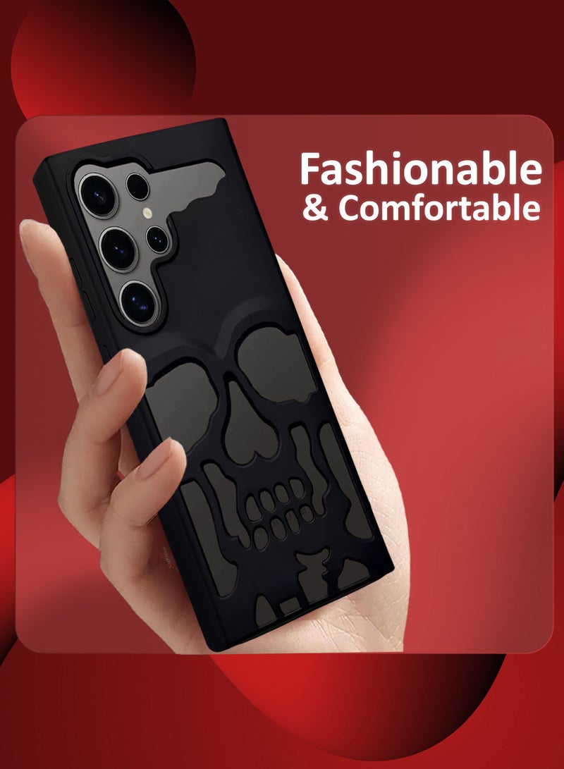 Galaxy S24 Ultra Case Cover Soft TPU and Glossy Skull Design with Two 3D Shockproof Screen Protector - Pack of 3 - Black-3ss