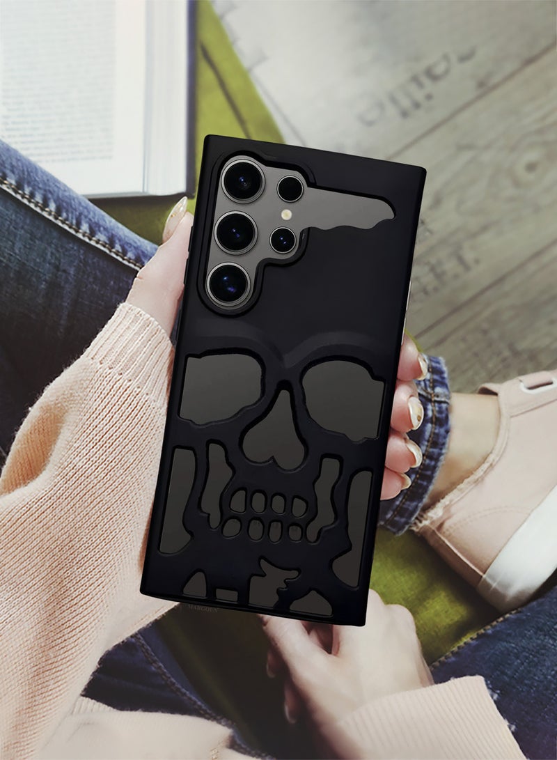Galaxy S24 Ultra Case Cover Soft TPU and Glossy Skull Design with Two 3D Shockproof Screen Protector - Pack of 3 - Black-3ss