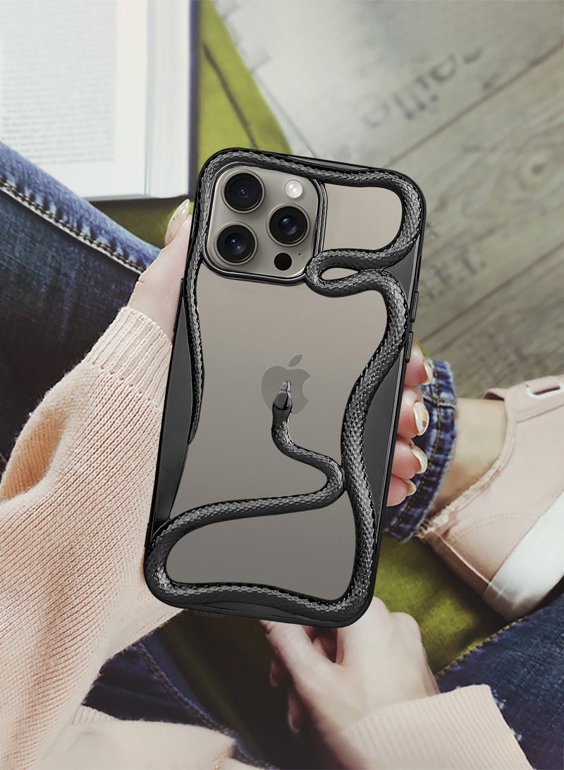 MARGOUN - iPhone 15 Pro Max Snake Case Cover Soft TPU and Glossy with 3D Shockproof Screen Protector - Pack of 2 - Black-2s - Image 1