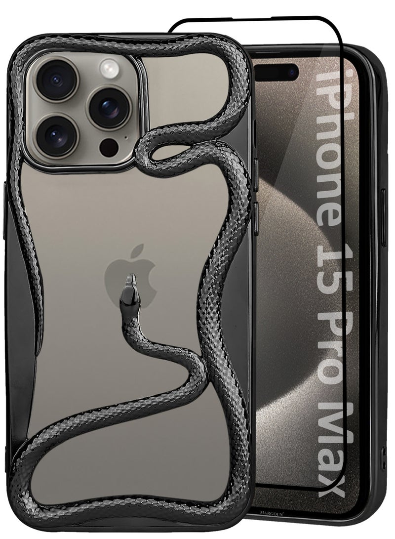 MARGOUN - iPhone 15 Pro Max Snake Case Cover Soft TPU and Glossy with 3D Shockproof Screen Protector - Pack of 2 - Black-2s - Image 1