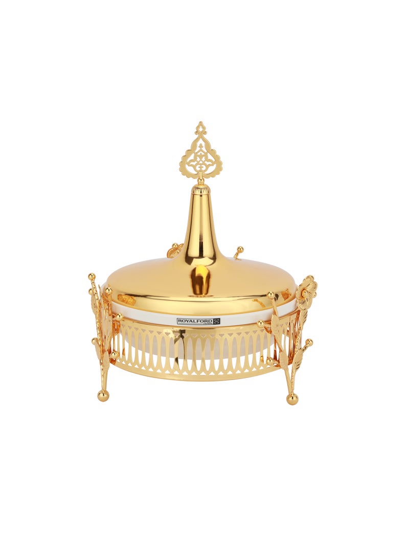 Royalford - Royalford 8" Date Bowl with Lid- RF12338/Perfect for Serving Dates, Dried Nuts, Candies, Etc./ Versatile and Strong with Elegant Golden-Finish Knob and Base, Ceramic Bowl/ Dishwasher and Freezer Safe Golden - Image 1