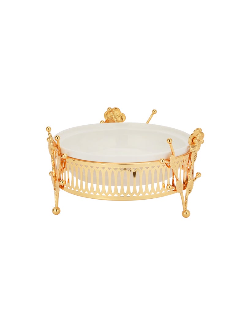 Royalford - Royalford 8" Date Bowl with Lid- RF12338/Perfect for Serving Dates, Dried Nuts, Candies, Etc./ Versatile and Strong with Elegant Golden-Finish Knob and Base, Ceramic Bowl/ Dishwasher and Freezer Safe Golden - Image 1