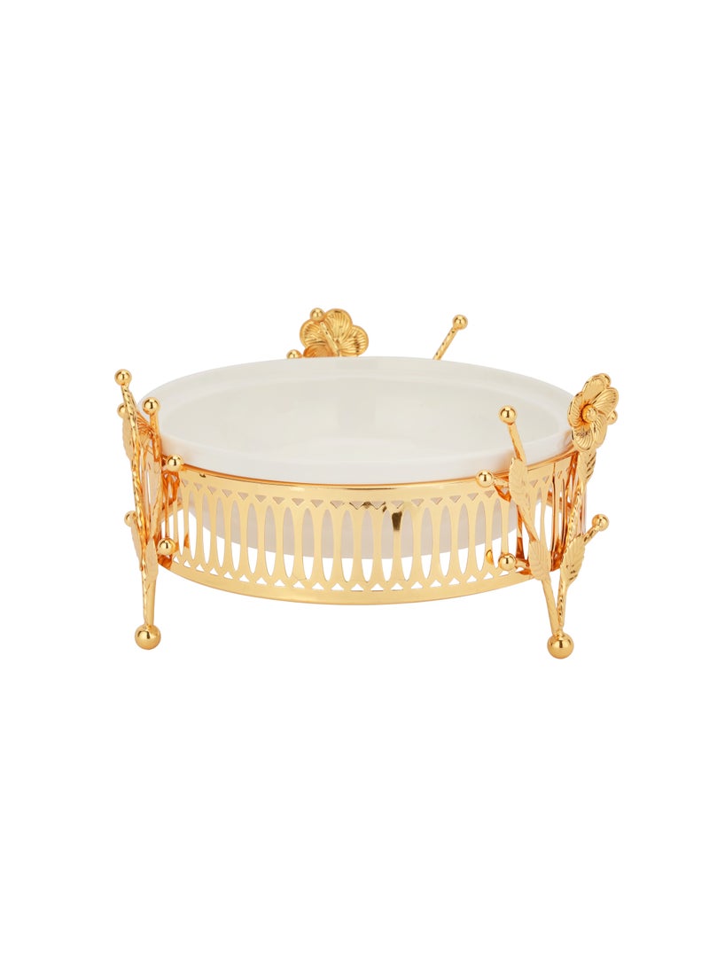 Royalford - Royalford 8" Date Bowl with Lid- RF12338/Perfect for Serving Dates, Dried Nuts, Candies, Etc./ Versatile and Strong with Elegant Golden-Finish Knob and Base, Ceramic Bowl/ Dishwasher and Freezer Safe Golden - Image 1