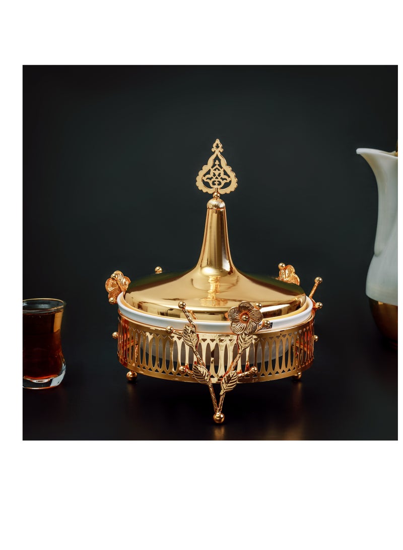 Royalford - Royalford 8" Date Bowl with Lid- RF12338/Perfect for Serving Dates, Dried Nuts, Candies, Etc./ Versatile and Strong with Elegant Golden-Finish Knob and Base, Ceramic Bowl/ Dishwasher and Freezer Safe Golden - Image 1