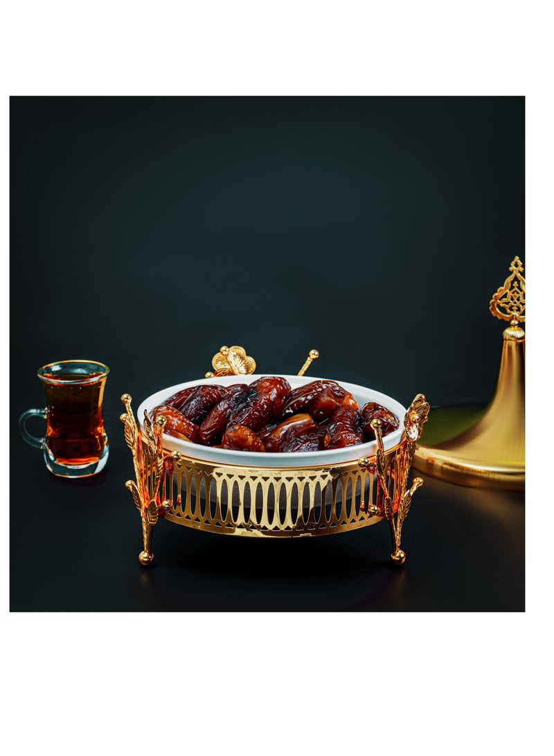 Royalford - Royalford 8" Date Bowl with Lid- RF12338/Perfect for Serving Dates, Dried Nuts, Candies, Etc./ Versatile and Strong with Elegant Golden-Finish Knob and Base, Ceramic Bowl/ Dishwasher and Freezer Safe Golden - Image 1
