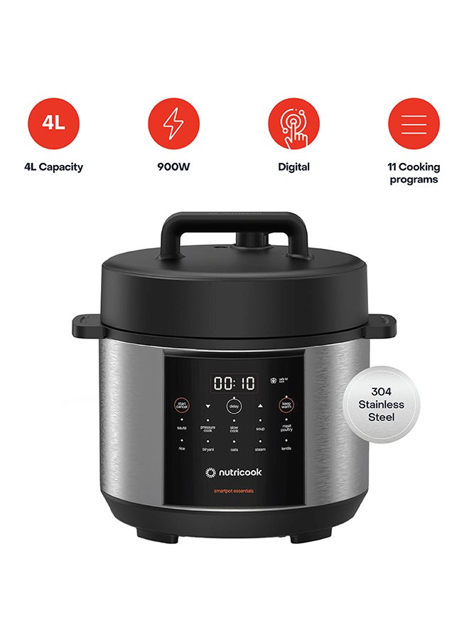 nutricook Smart Pot Essentials 900W, 4L, 7 In 1 Electric Pressure Cooker, Slow Cooker,Rice Cooker, Steamer, Sauté Pot & More, 11 Smart Programs, 2-Year Warranty 4 L 900 W NC-SP150 Silver/ Black - Image 1