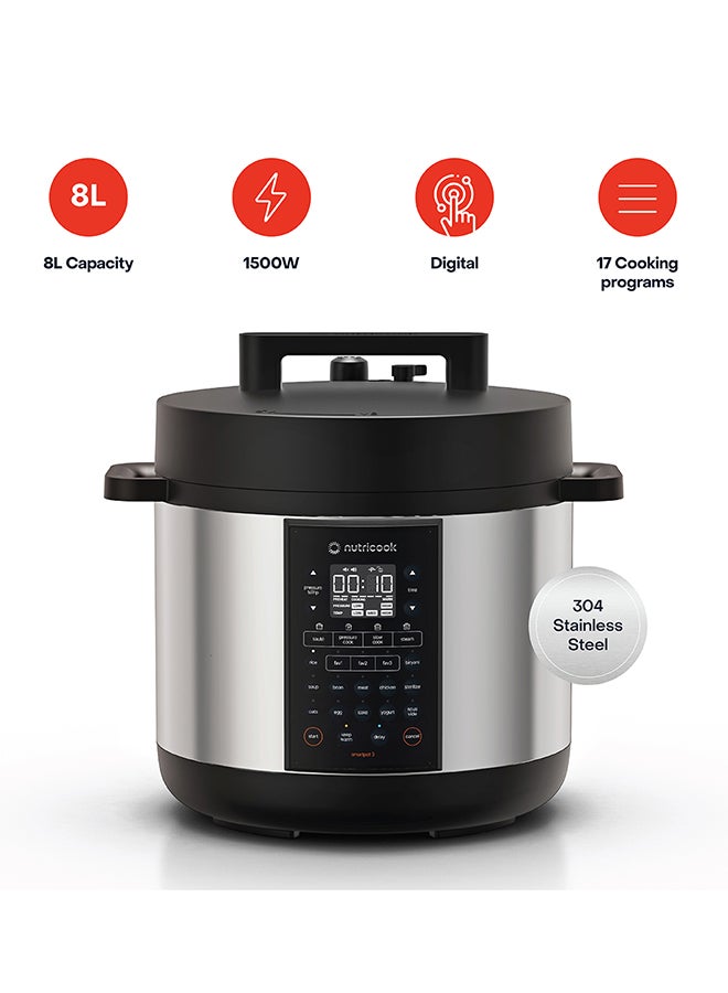 nutricook Smart Pot 3 1500W, 12 in 1 Electric Pressure Cooker, Rice Cooker, Sous Vide, Sterilizer, Yogurt Maker & More, 17 Smart Programs, 3 Favorite Buttons, 2-Year Warranty 8 L 1500 W SP330-ON Silver/ Black - Image 1
