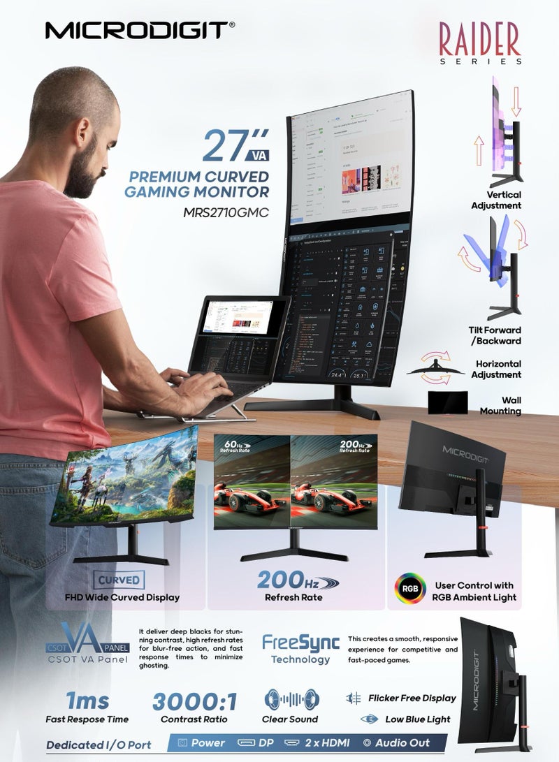 ميكرو ديجيت Premium LED Curved 27 inch Gaming Monitor 200Hz Refresh Rate  with FHD (1920x1080)Display, Built-In Speakers Black  - Image 3