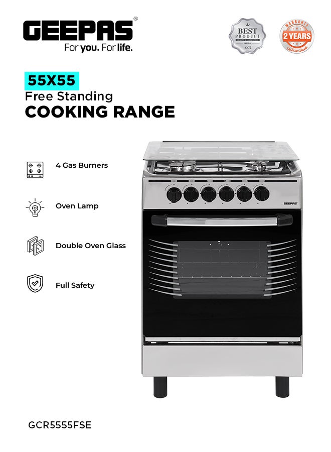جيباس 55x55 Free Standing Cooking Range: 4 Burners, Auto Ignition, Grilling, Oven Lamp, & Transparent Glass Top GCR5555FSE Silver  - Image 1