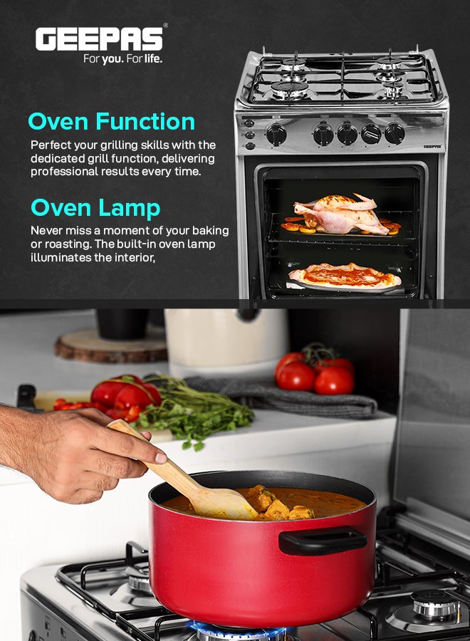جيباس 55x55 Free Standing Cooking Range: 4 Burners, Auto Ignition, Grilling, Oven Lamp, & Transparent Glass Top GCR5555FSE Silver  - Image 5