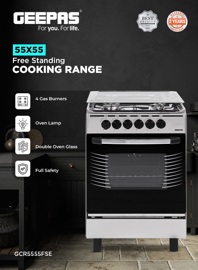 جيباس 55x55 Free Standing Cooking Range: 4 Burners, Auto Ignition, Grilling, Oven Lamp, & Transparent Glass Top GCR5555FSE Silver  - Image 2