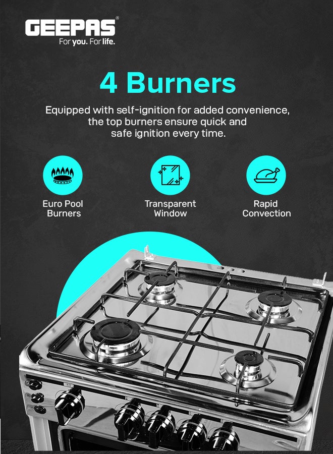 جيباس 55x55 Free Standing Cooking Range: 4 Burners, Auto Ignition, Grilling, Oven Lamp, & Transparent Glass Top GCR5555FSE Silver  - Image 4