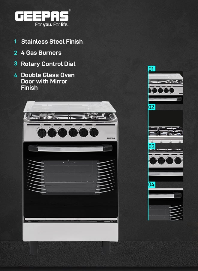 جيباس 55x55 Free Standing Cooking Range: 4 Burners, Auto Ignition, Grilling, Oven Lamp, & Transparent Glass Top GCR5555FSE Silver  - Image 3