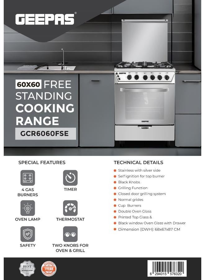جيباس 60x60 Free Standing Cooking Range: 4 Burners, Auto Ignition, Grilling, Oven Lamp, & Transparent Glass Top GCR6060FSE Silver 