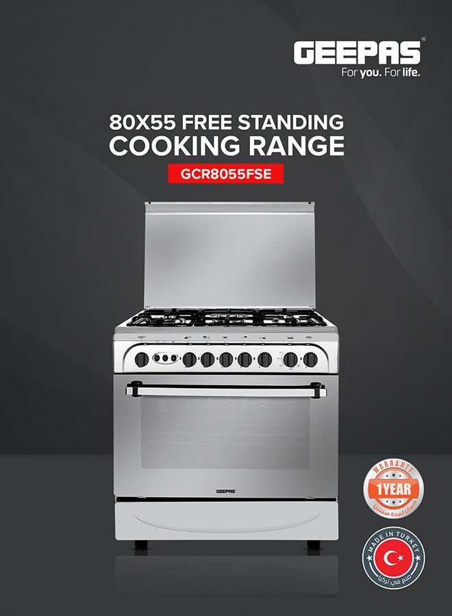 جيباس 80x55 Free-Standing Cooking Range: 5 Burners with Auto Ignition, Grill, Timer, Oven Light & Transparent Top - Silver GCR8055FSE Silver  - Image 1