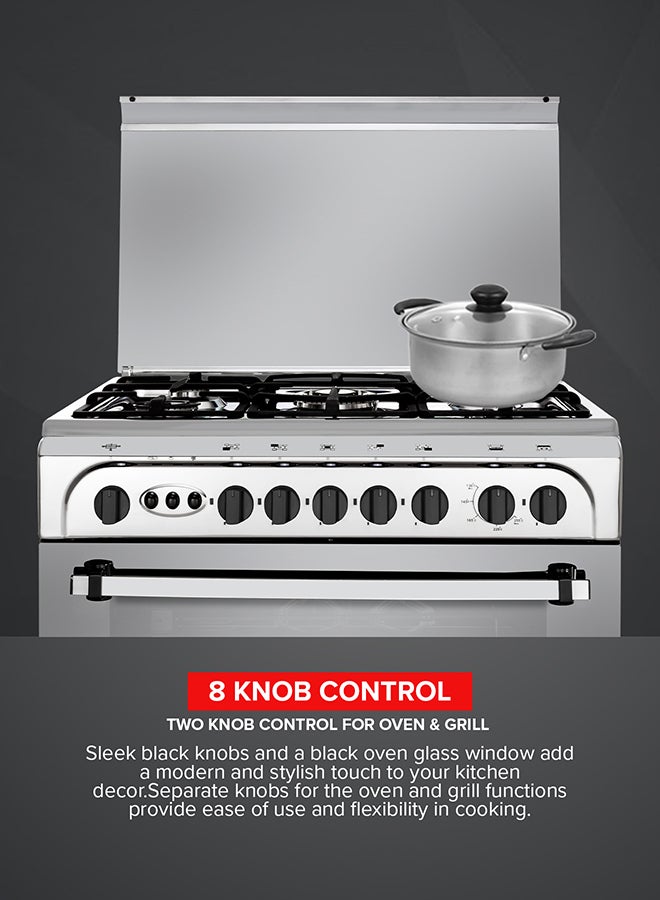 جيباس 80x55 Free-Standing Cooking Range: 5 Burners with Auto Ignition, Grill, Timer, Oven Light & Transparent Top - Silver GCR8055FSE Silver  - Image 4