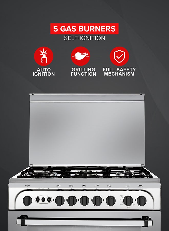 جيباس 80x55 Free-Standing Cooking Range: 5 Burners with Auto Ignition, Grill, Timer, Oven Light & Transparent Top - Silver GCR8055FSE Silver  - Image 2