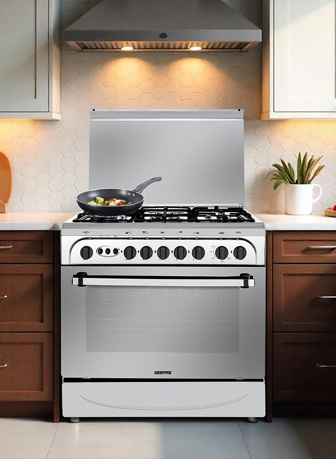 جيباس 80x55 Free-Standing Cooking Range: 5 Burners with Auto Ignition, Grill, Timer, Oven Light & Transparent Top - Silver GCR8055FSE Silver  - Image 5