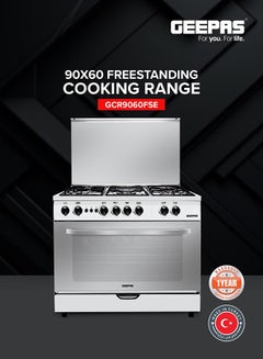 90x60 Free-Standing Cooking Range: 5 Burners with Auto Ignition, Grilling, Timer, Thermostat, Multiple Power Levels, Oven Lamp, and Transparent Top GCR9060FSE Silver