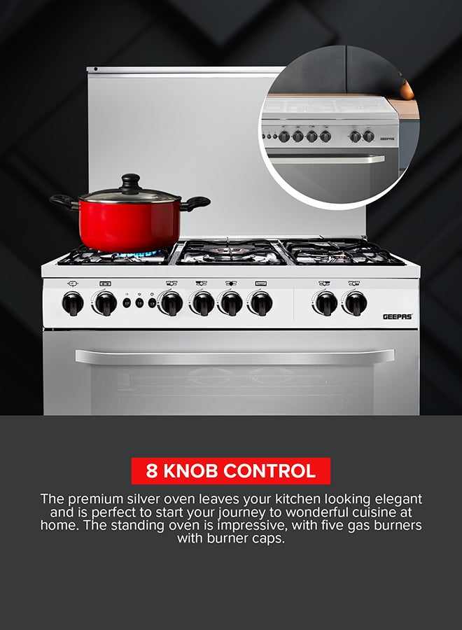 جيباس 90x60 Free-Standing Cooking Range: 5 Burners with Auto Ignition, Grilling, Timer, Thermostat, Multiple Power Levels, Oven Lamp, and Transparent Top GCR9060FSE Silver  - Image 4