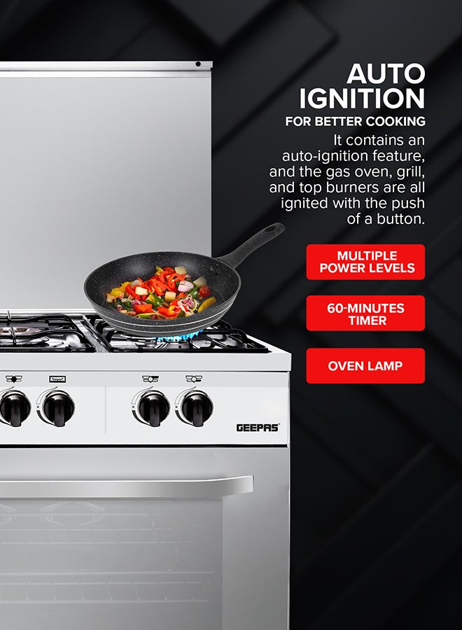 جيباس 90x60 Free-Standing Cooking Range: 5 Burners with Auto Ignition, Grilling, Timer, Thermostat, Multiple Power Levels, Oven Lamp, and Transparent Top GCR9060FSE Silver  - Image 3