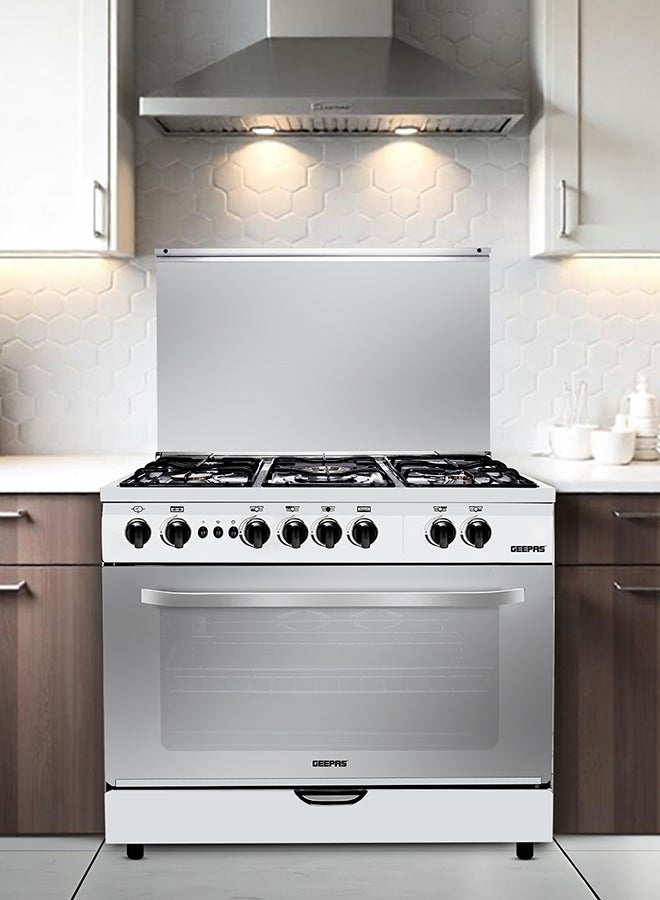 جيباس 90x60 Free-Standing Cooking Range: 5 Burners with Auto Ignition, Grilling, Timer, Thermostat, Multiple Power Levels, Oven Lamp, and Transparent Top GCR9060FSE Silver  - Image 5