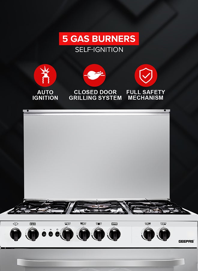 جيباس 90x60 Free-Standing Cooking Range: 5 Burners with Auto Ignition, Grilling, Timer, Thermostat, Multiple Power Levels, Oven Lamp, and Transparent Top GCR9060FSE Silver  - Image 2