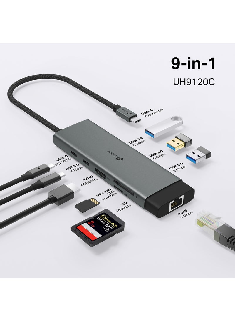 تي بي لينك UH9120C 9-in-1 USB Type-C Hub, 4K@60Hz HDMI, 1Gbps Ethernet, 100W Power Delivery, 1x USB-C (5Gbps), 3x USB-A (5Gbps), SD & microSD UHS-I Slots, Plug & Play for Mac, Windows, Linux, iOS, Android Silver - Image 4