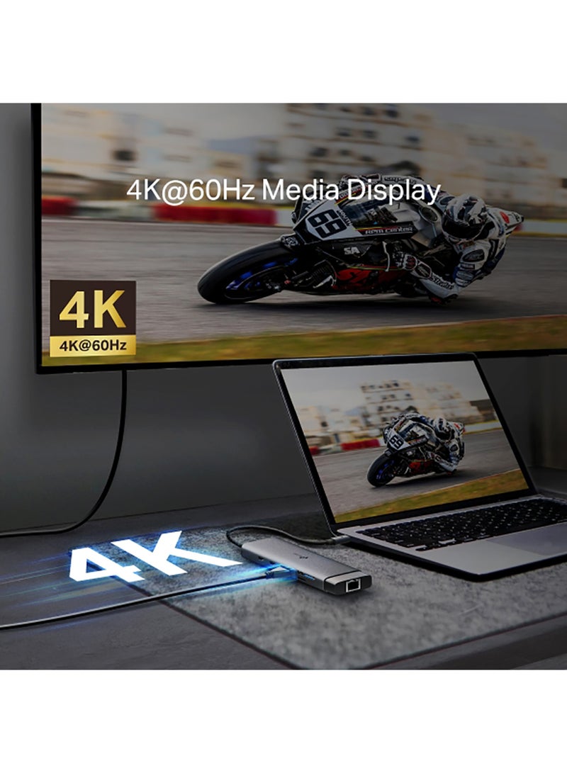 تي بي لينك UH9120C 9-in-1 USB Type-C Hub, 4K@60Hz HDMI, 1Gbps Ethernet, 100W Power Delivery, 1x USB-C (5Gbps), 3x USB-A (5Gbps), SD & microSD UHS-I Slots, Plug & Play for Mac, Windows, Linux, iOS, Android Silver - Image 5