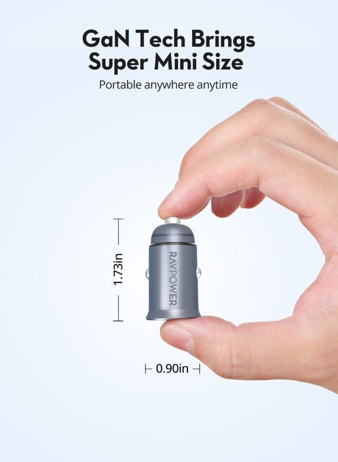 RAVPOWER 65W Dual-Port Car Charger, USB-C PD & USB-A QC, Compact Aluminum Alloy Fast Car Charger with GaN Tech for iPhone, Samsung, Laptops & More Grey  - Image 3